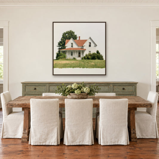 White Farmhouse Illustration farmhouse wall art in a dining room