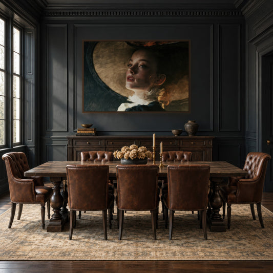 Portrait in a Wide Hat dark academia wall art in a dining room