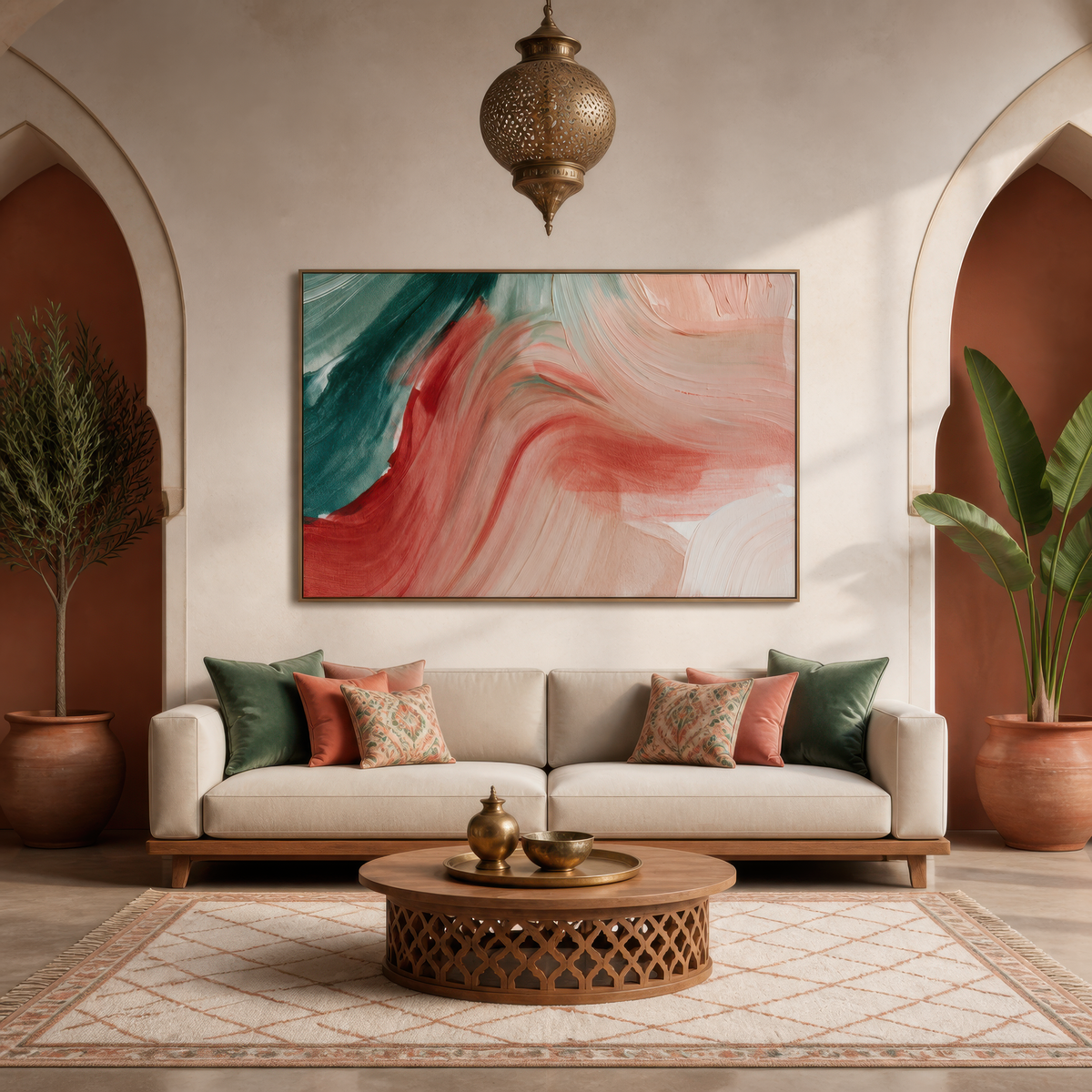 Terracotta coral waves above a cream sofa with green and rust pillows and a brass lantern