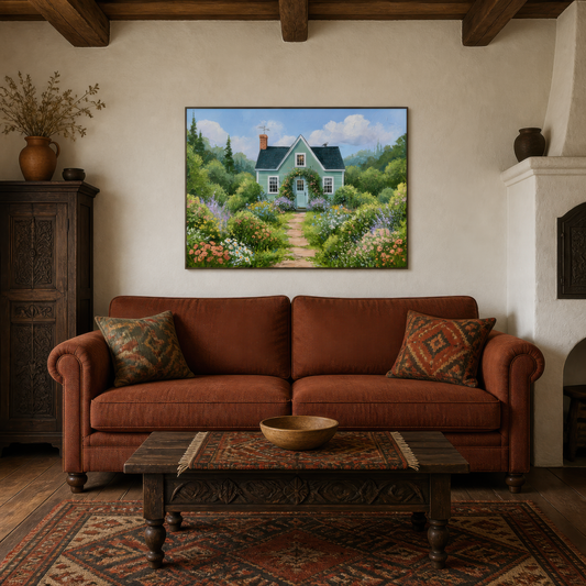Sage cottage garden path above a rust red sofa with patterned pillows beside a plaster fireplace