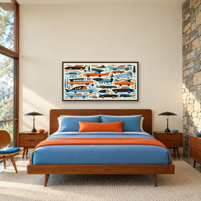 Retro Space Age Cars Pattern mid-century modern wall art in a bedroom