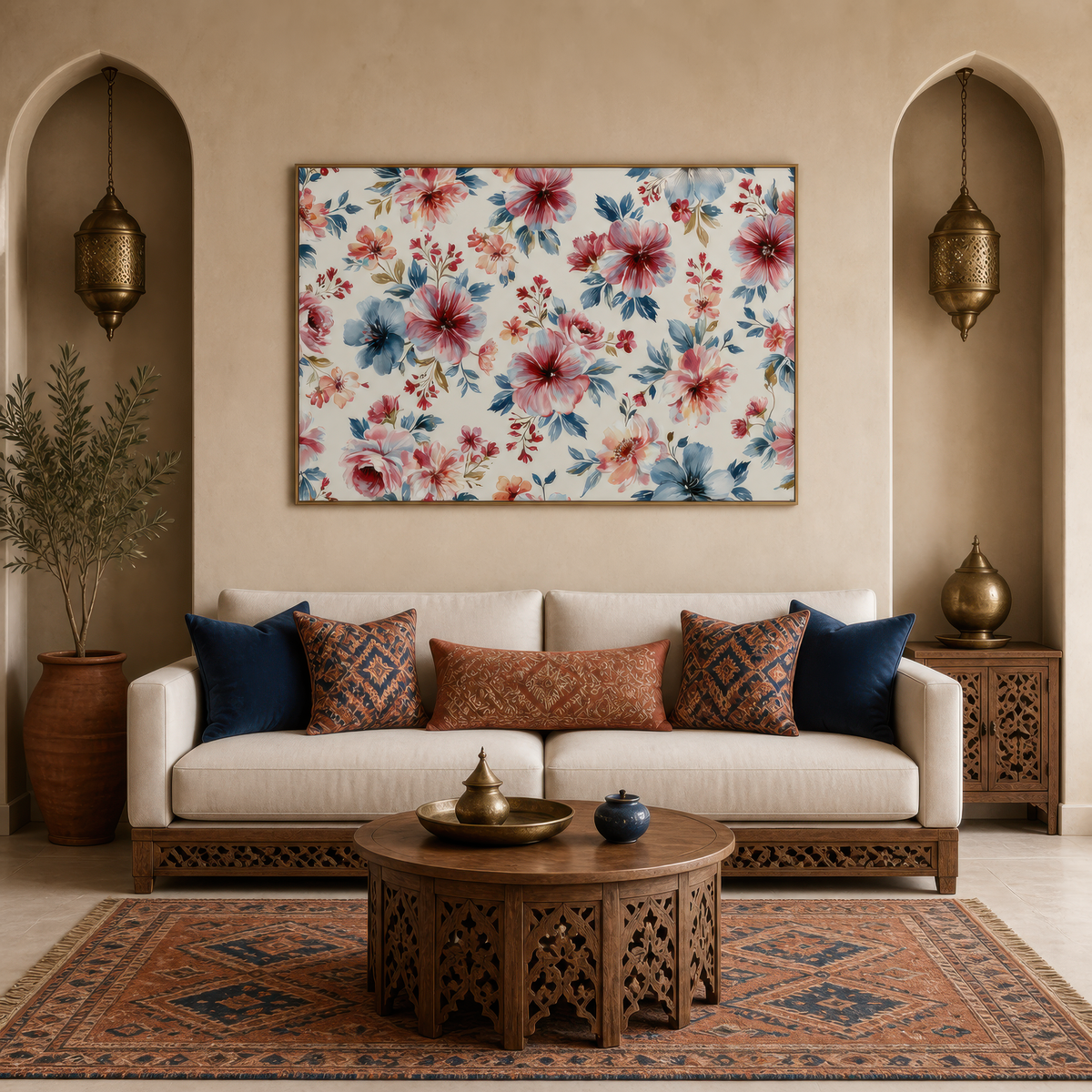 Pink and Blue Floral Pattern wall art print staged in a room