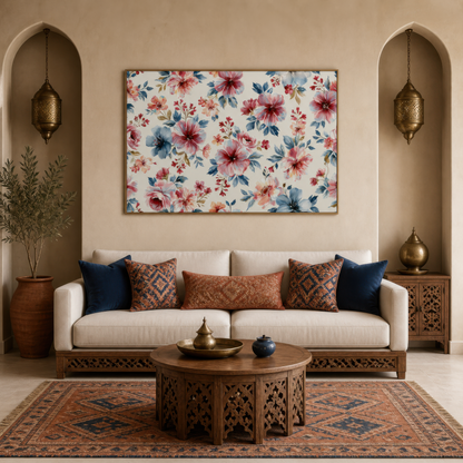 Pink and Blue Floral Pattern wall art print staged in a room