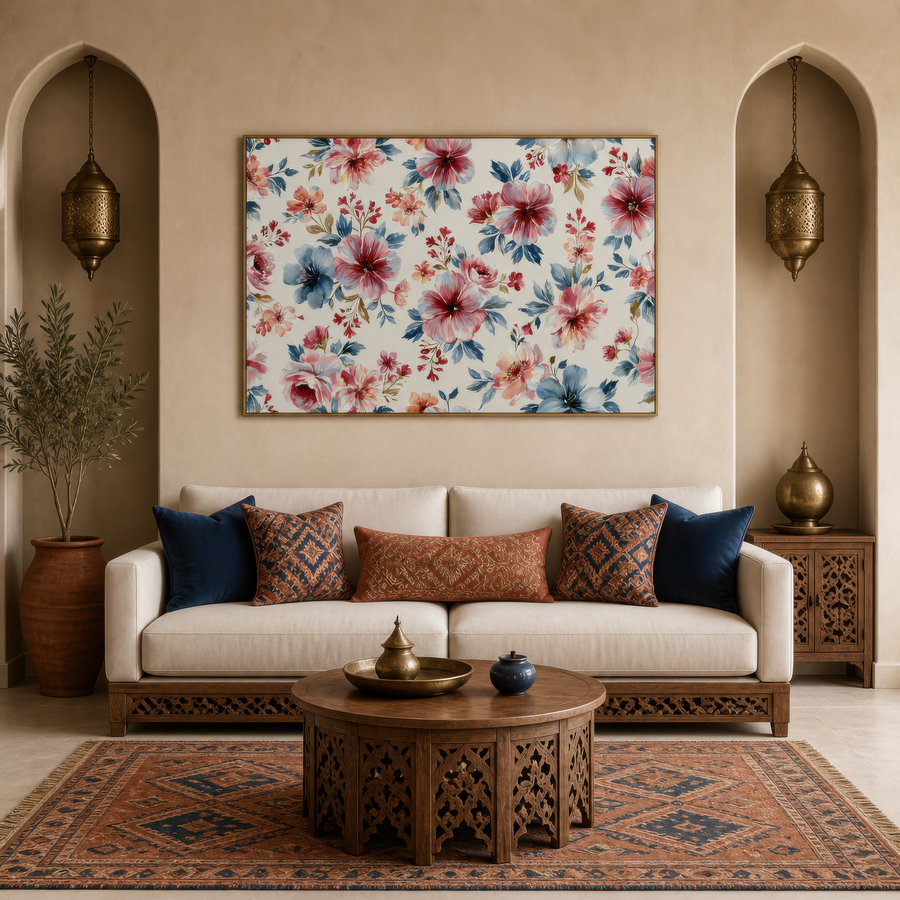 Pink and Blue Floral Pattern – Watercolor Floral Wall Art