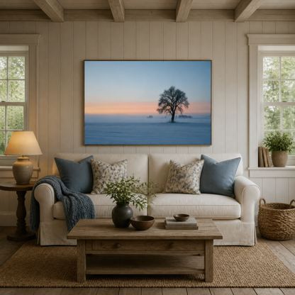 Solitary Tree at Dusk wall art print, alternate room view