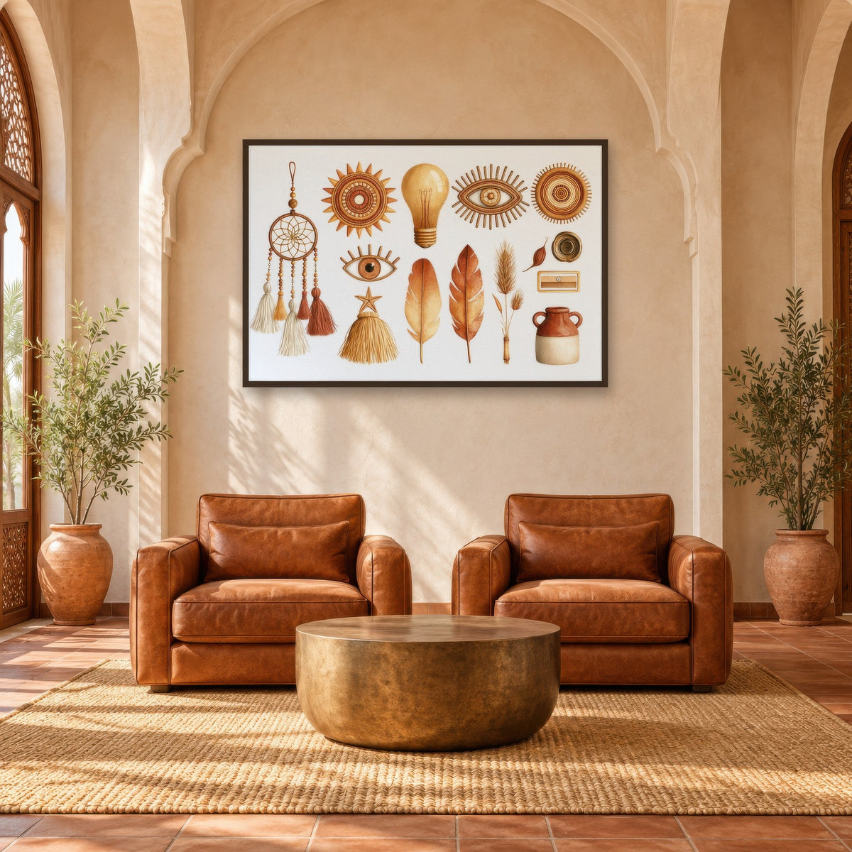 Sun and Eye Talisman Collection boho wall art in a den