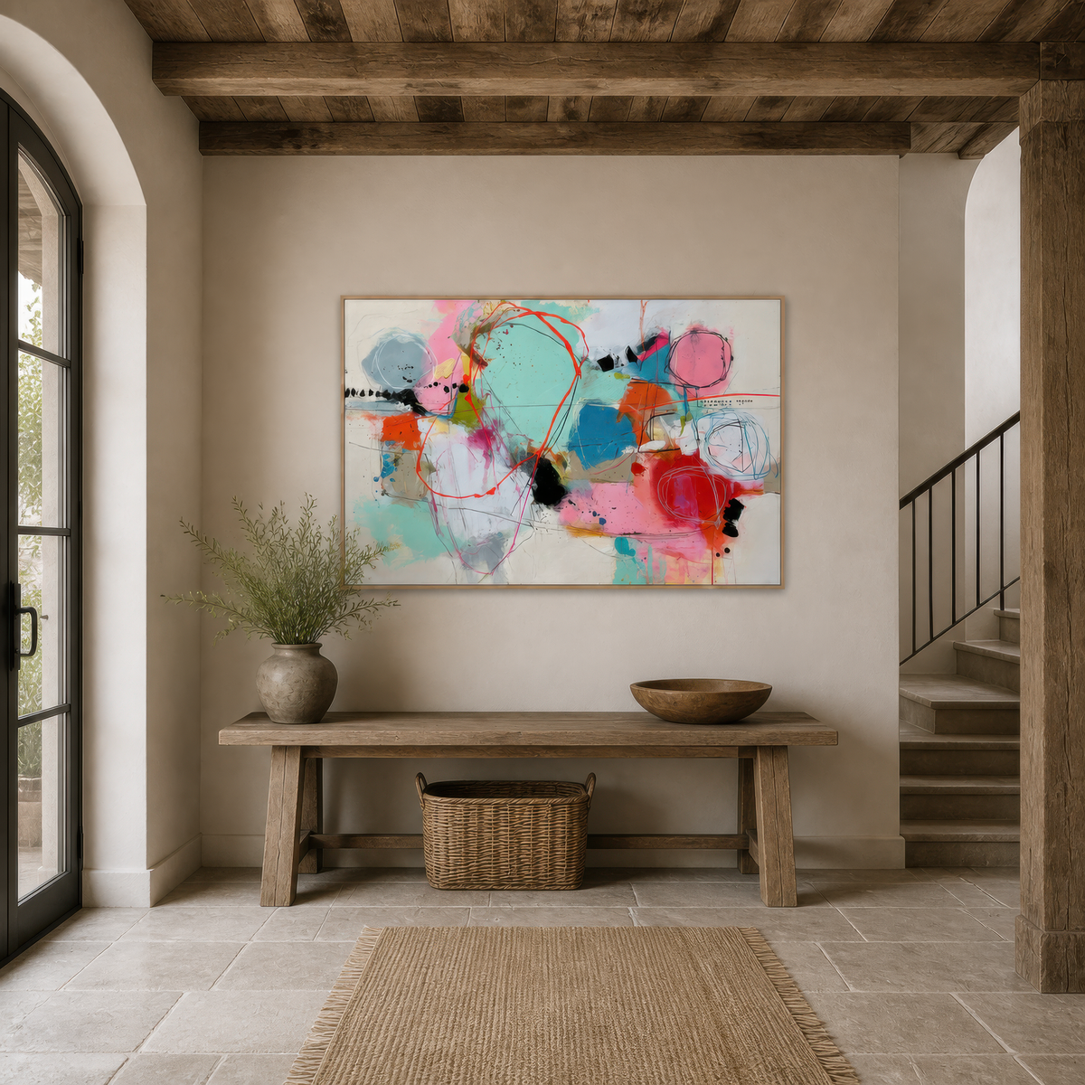 Pastel abstract collage above a long wood bench in an entryway with a jute rug