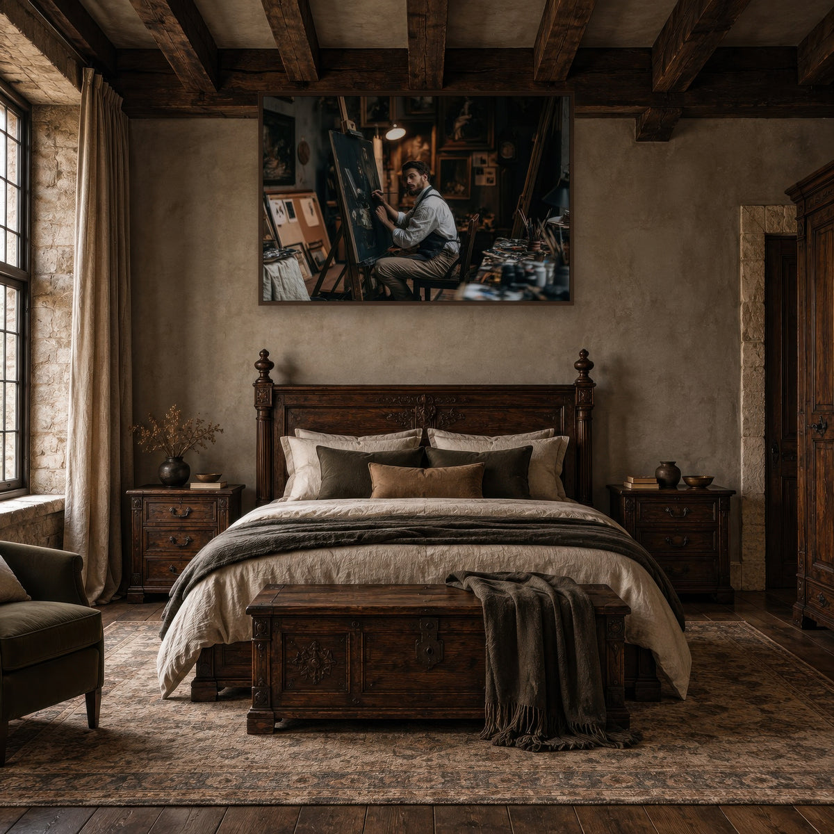 Artist in the Lamplit Studio dark academia wall art in a bedroom