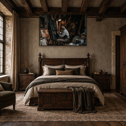 Artist in the Lamplit Studio dark academia wall art in a bedroom