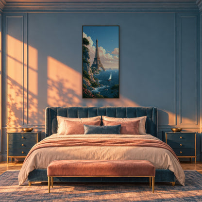 Eiffel Tower Sea Cliff Illustration travel wall art in a bedroom