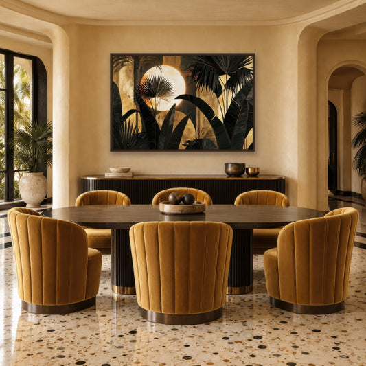 Palm Silhouette Moonrise art deco wall art in a dining room