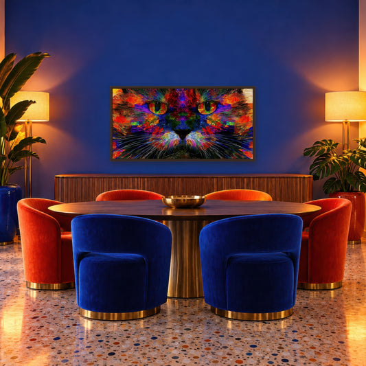 Neon Cat Eyes psychedelic wall art in a dining room
