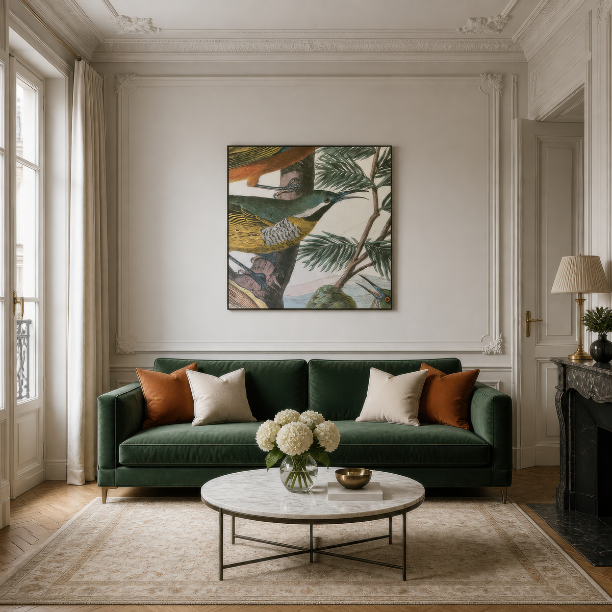 Antique Tropical Bird Illustration wall art print staged in a room