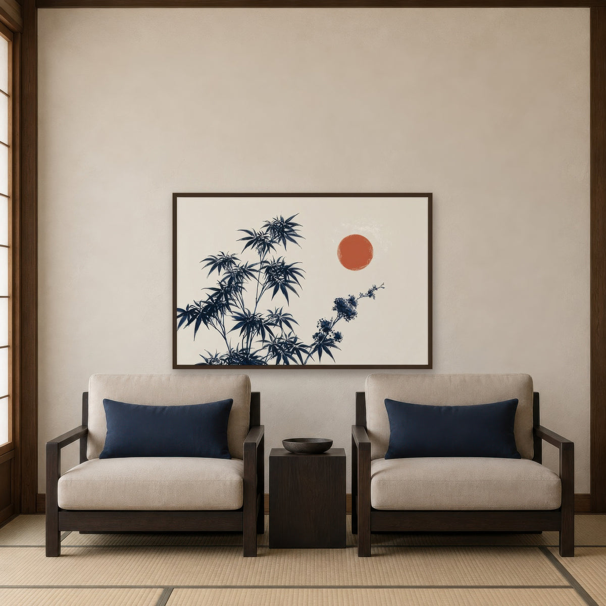 Indigo Leaves and Red Sun japandi wall art in a den