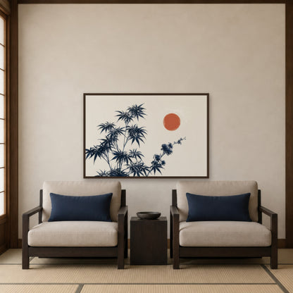 Indigo Leaves and Red Sun japandi wall art in a den