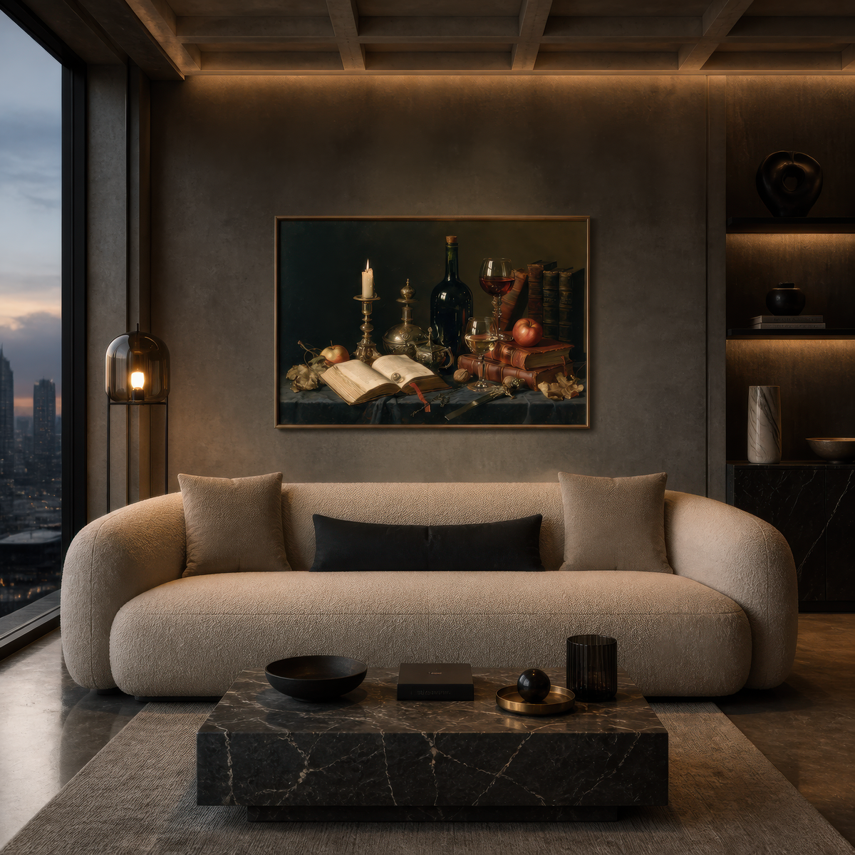 Inkwell reverie above a cream curved boucle sofa with a black marble table and city window