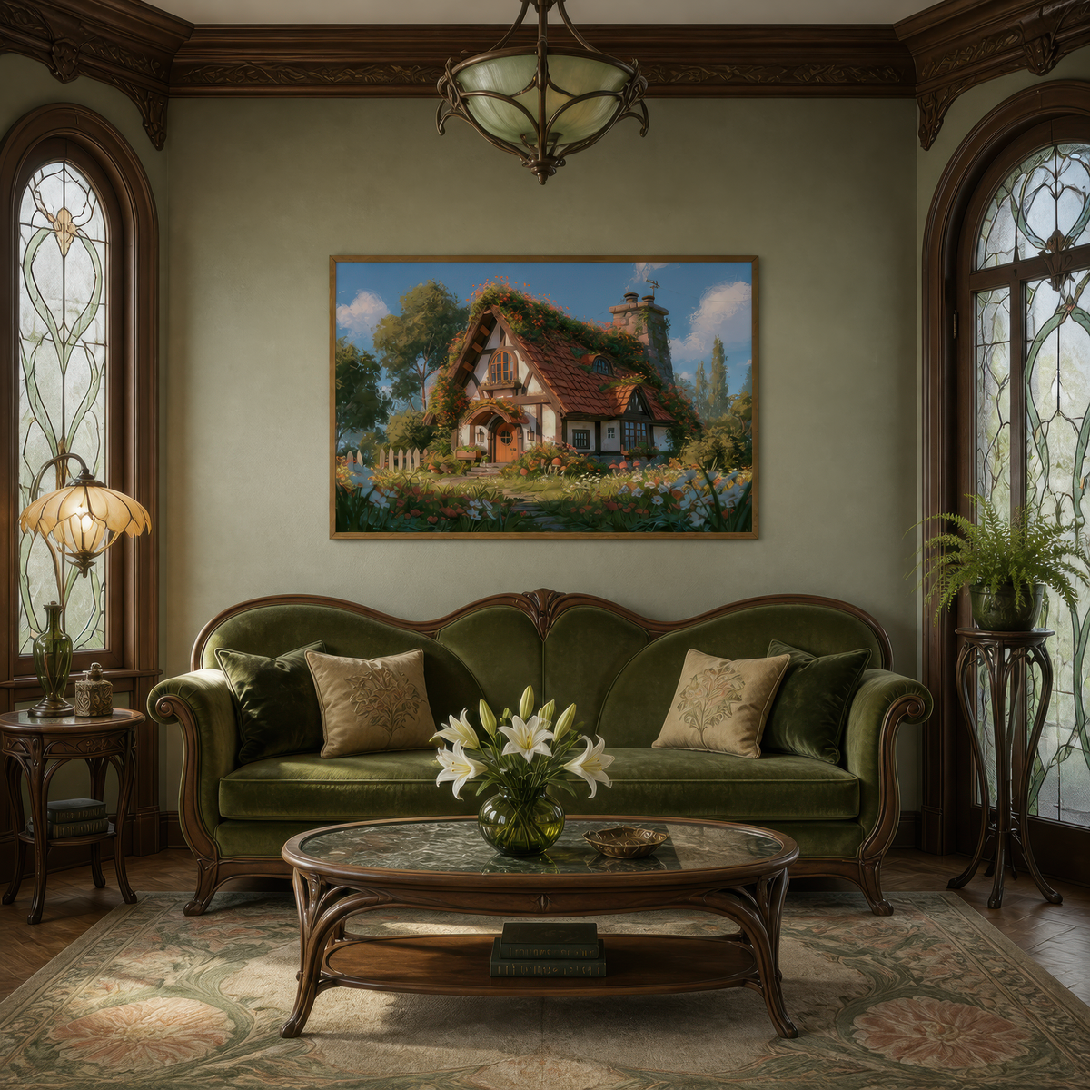 Red tile roof cottage above an olive velvet sofa in a sage room with stained glass windows