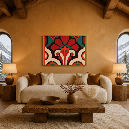 Crimson deco bloom above a cream curved sofa on an ochre plaster wall with wood beams