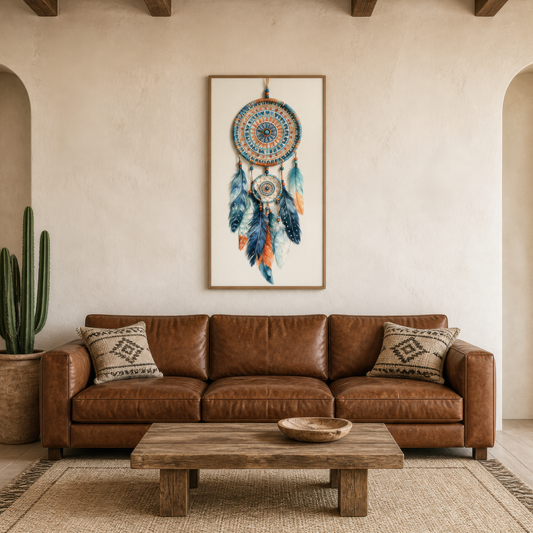 Indigo dreamcatcher artwork above a tan leather sofa on a cream plaster wall beside a cactus