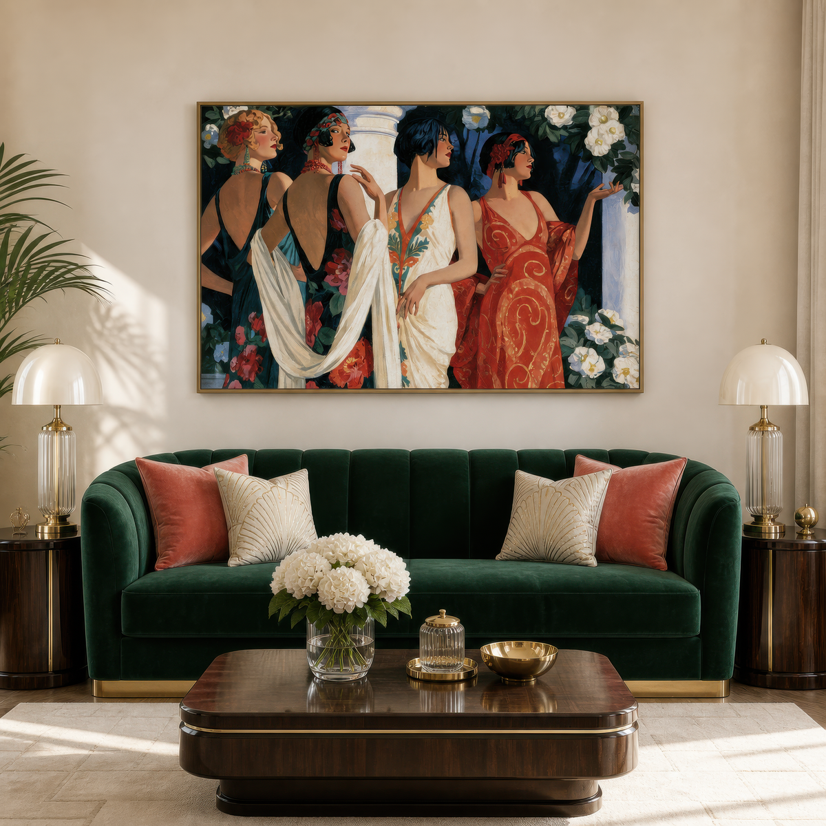 Flappers in the garden above a dark green velvet sofa with coral pillows and brass lamps