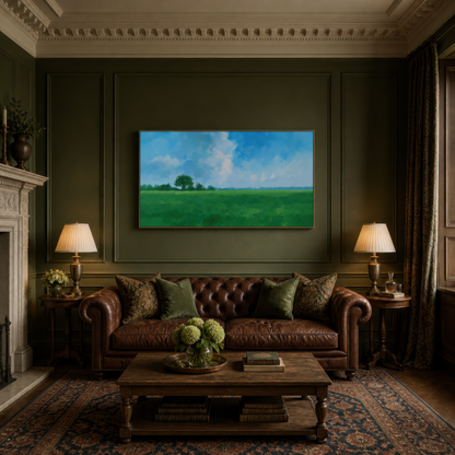 Open green meadow above a brown tufted chesterfield in a dark green panelled room with lamps