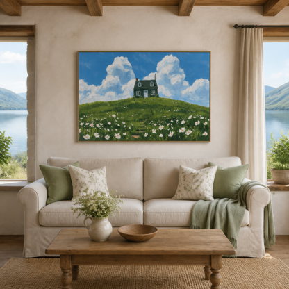Cottage on the hill above a white slipcovered sofa with a sage throw and lake view window