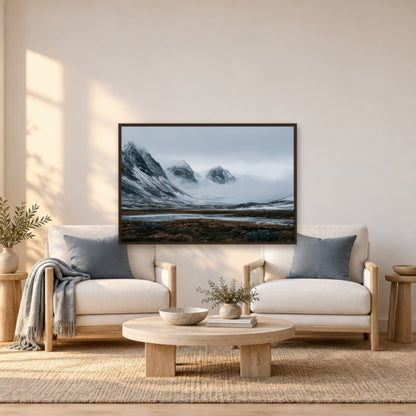 Foggy Snow-Covered Mountain Valley scandinavian wall art in a den