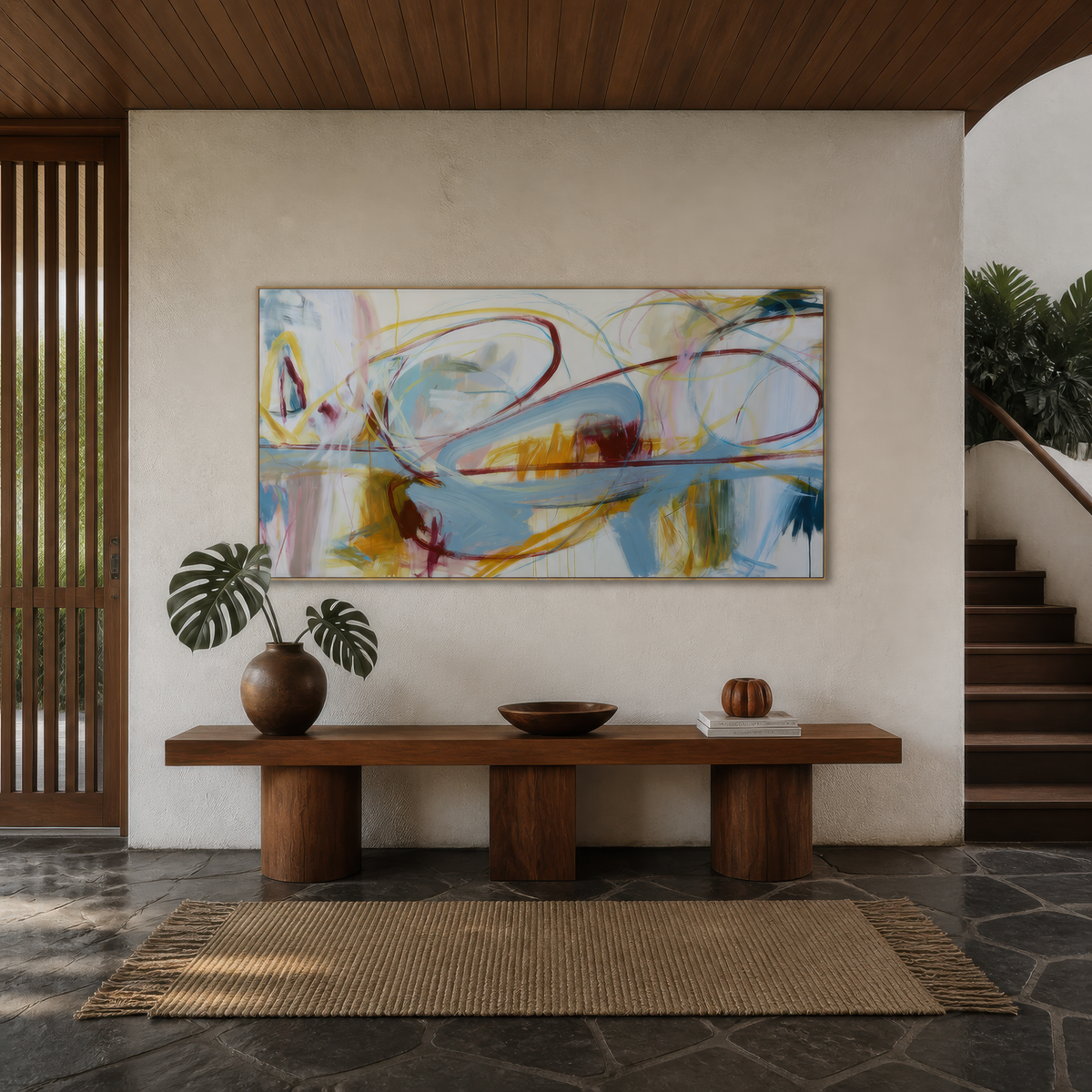 Wide burgundy and blue-gray abstract artwork above a wooden console in an entryway with a slate floor