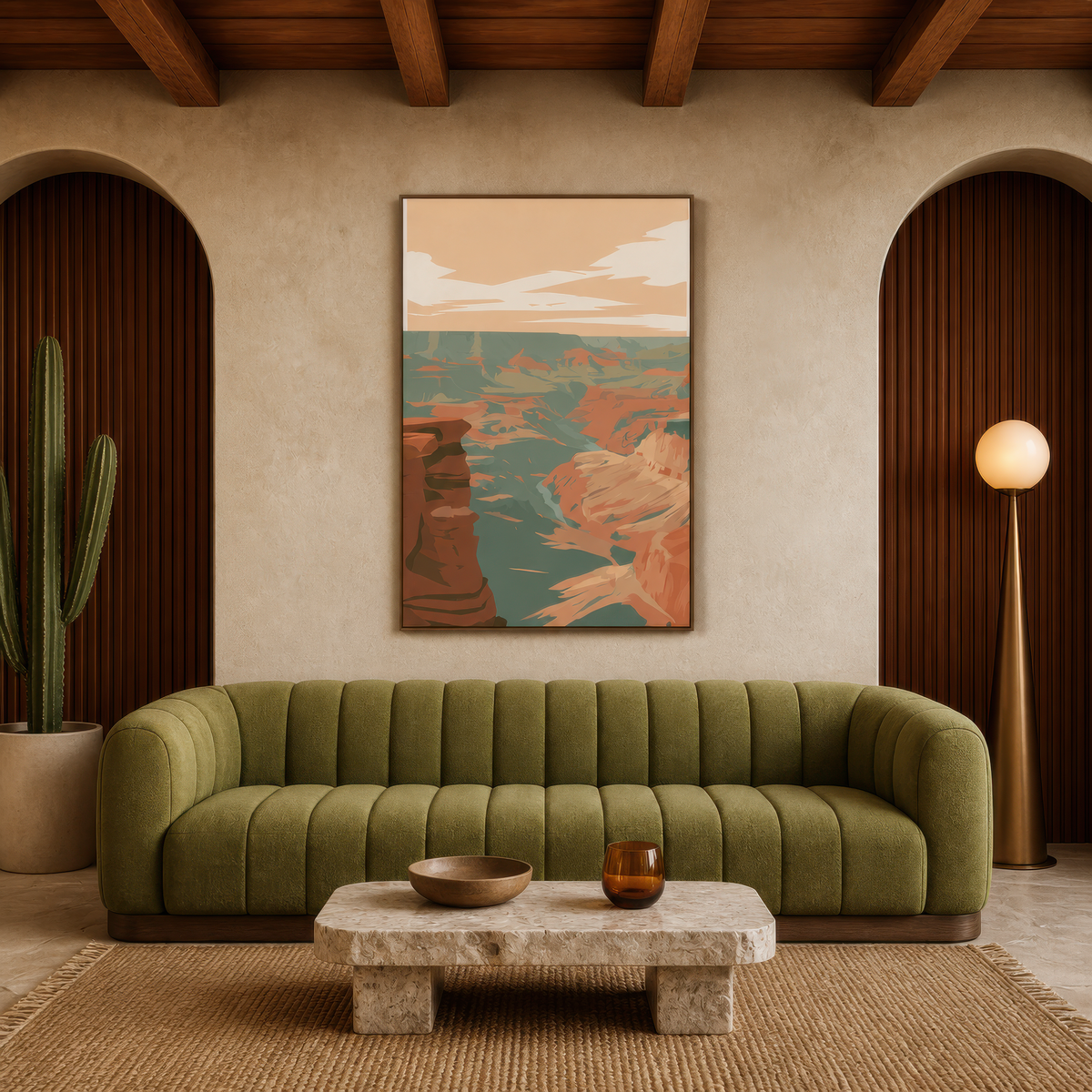 Dark red canyon wall above an olive green sofa on a fluted wood wall with a globe lamp