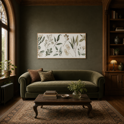 Botanical Sprigs with Papery Seed Pods wall art print, alternate room view