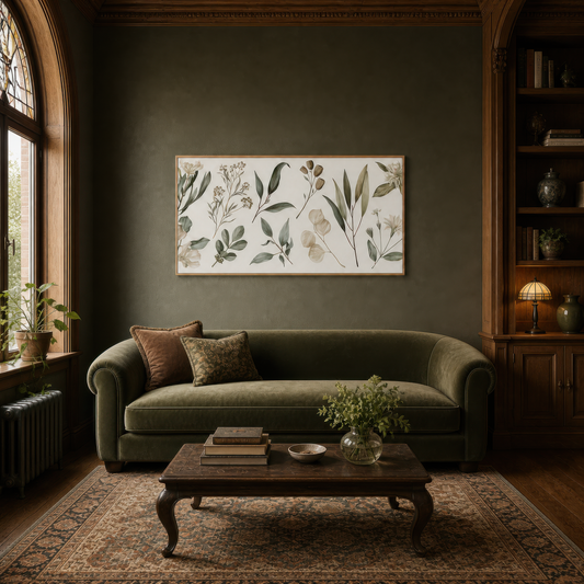Botanical Sprigs with Papery Seed Pods wall art print, alternate room view