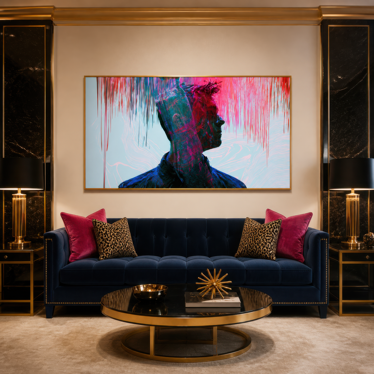 Double Profile in Red and Teal wall art staged in a living room
