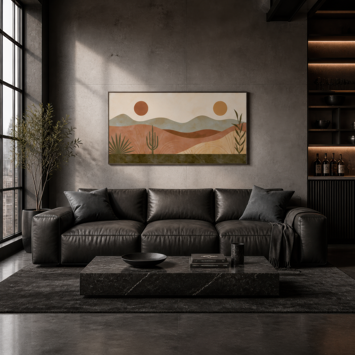 Desert hills with twin suns above a black sectional on a grey concrete wall with a low table