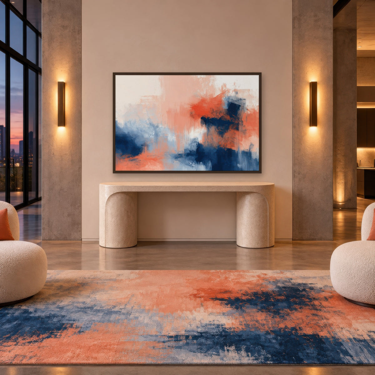 Navy and Coral Abstract wall art in an entryway