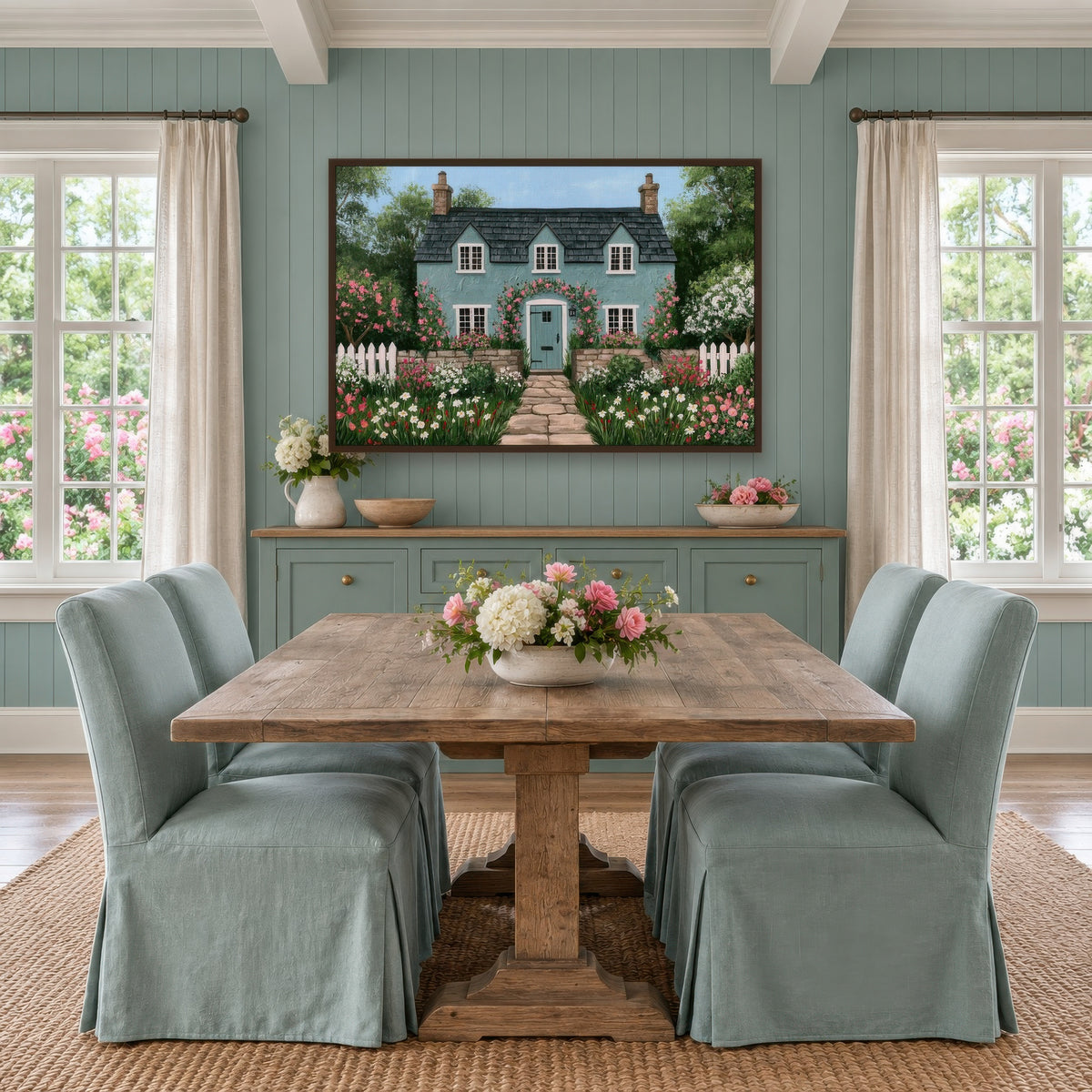 Rose Arch Cottage cottagecore wall art in a dining room