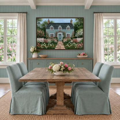 Rose Arch Cottage cottagecore wall art in a dining room