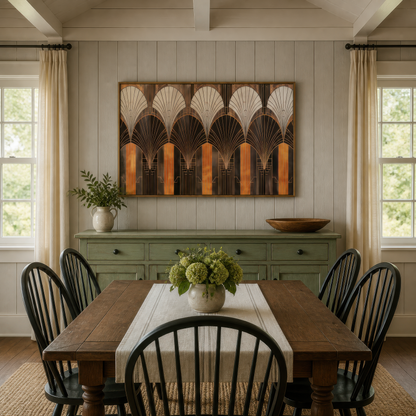 Bronze arch pattern above a wood dining table with black Windsor chairs and a sage sideboard