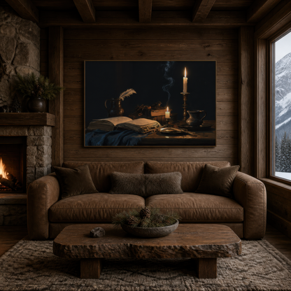 Brass and ink above a brown modular sofa in a timber room with a stone fireplace