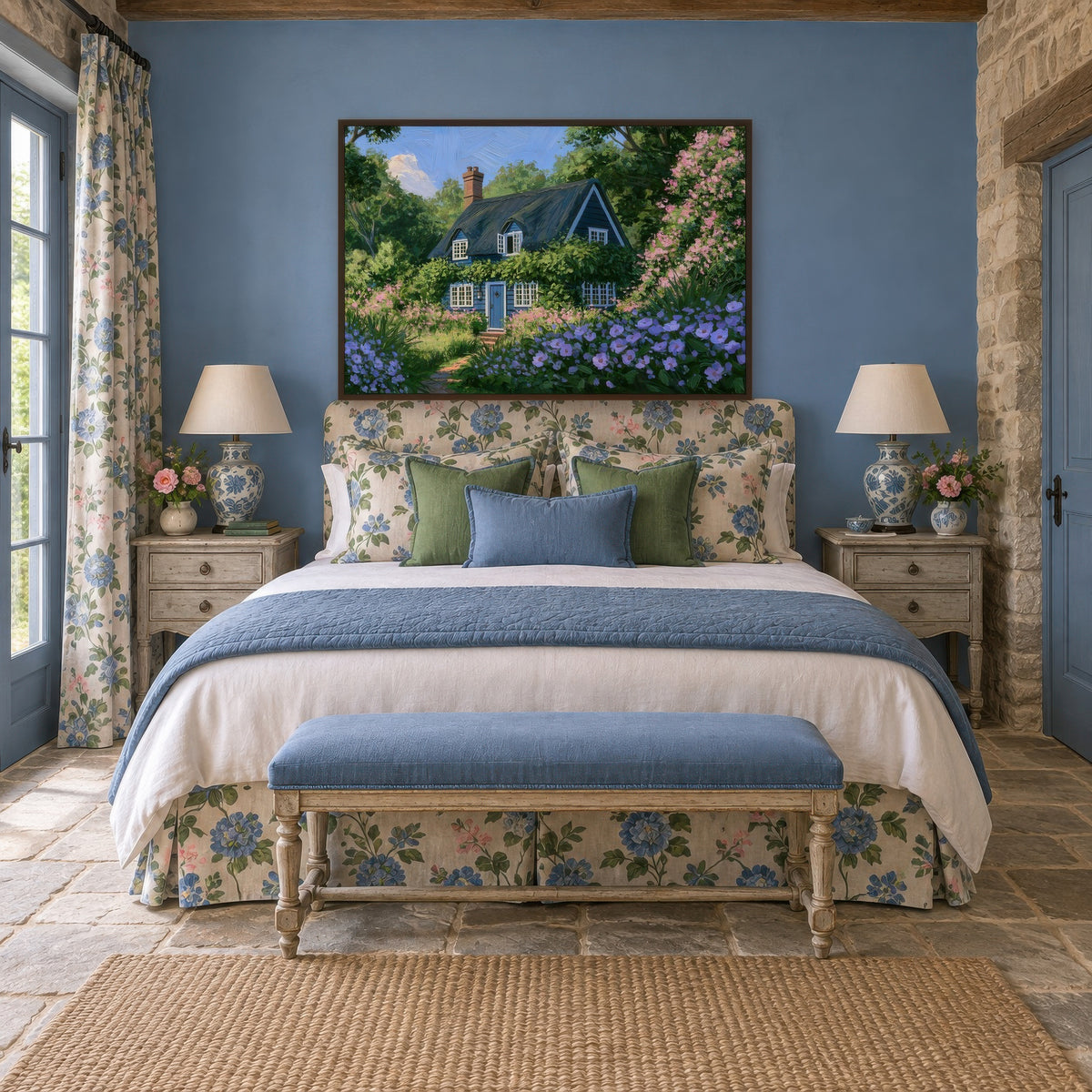 Blue Blossom Cottage cottagecore wall art in a bedroom