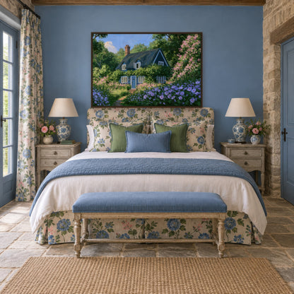 Blue Blossom Cottage cottagecore wall art in a bedroom