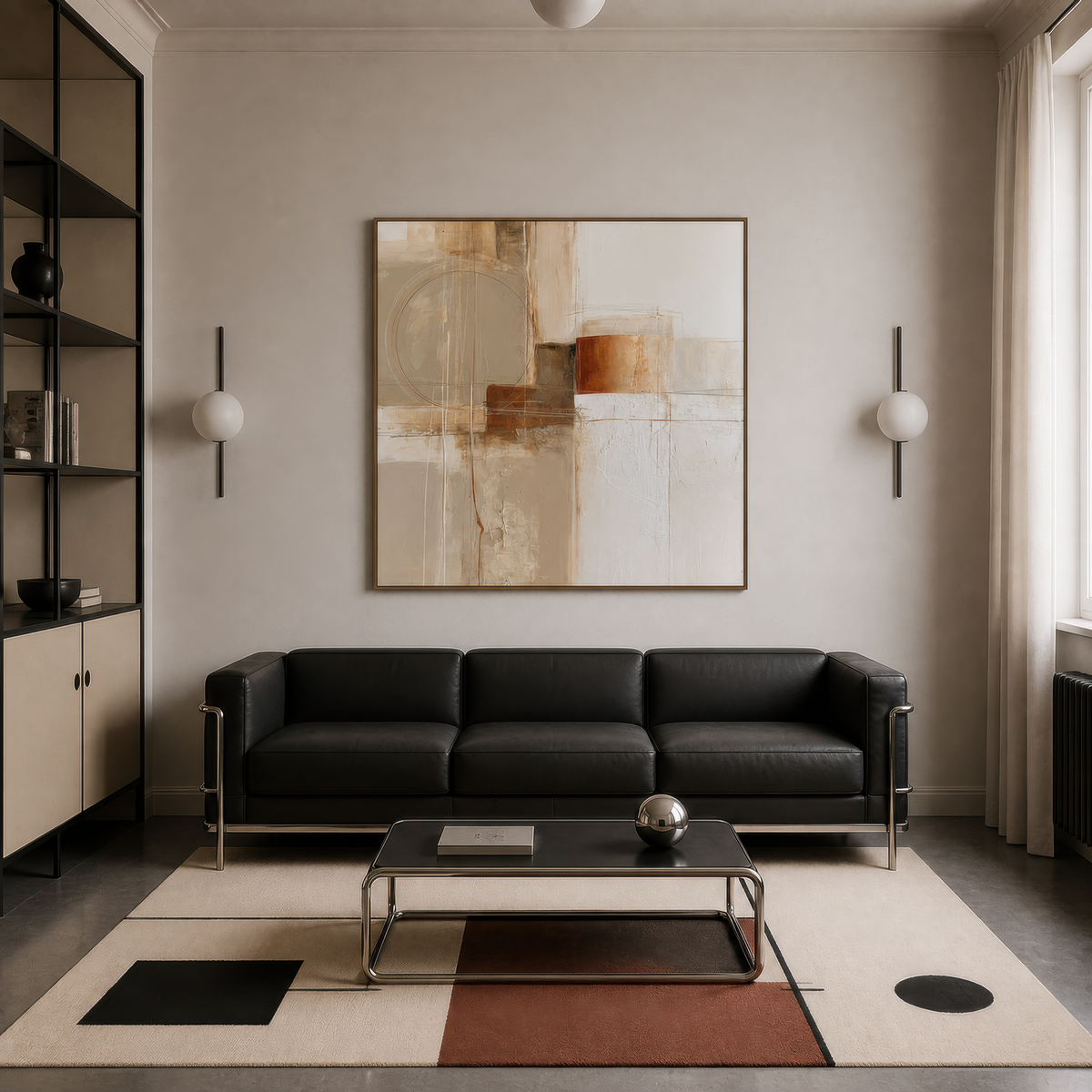 Square terracotta and cream abstract artwork above a black leather sofa in a modern living room