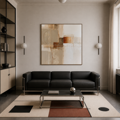 Square terracotta and cream abstract artwork above a black leather sofa in a modern living room