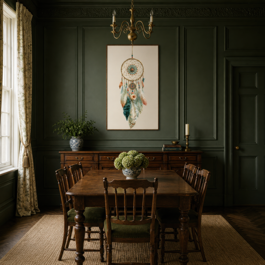 Teal and clay dreamcatcher artwork above a wood dining table in a dark green panelled room
