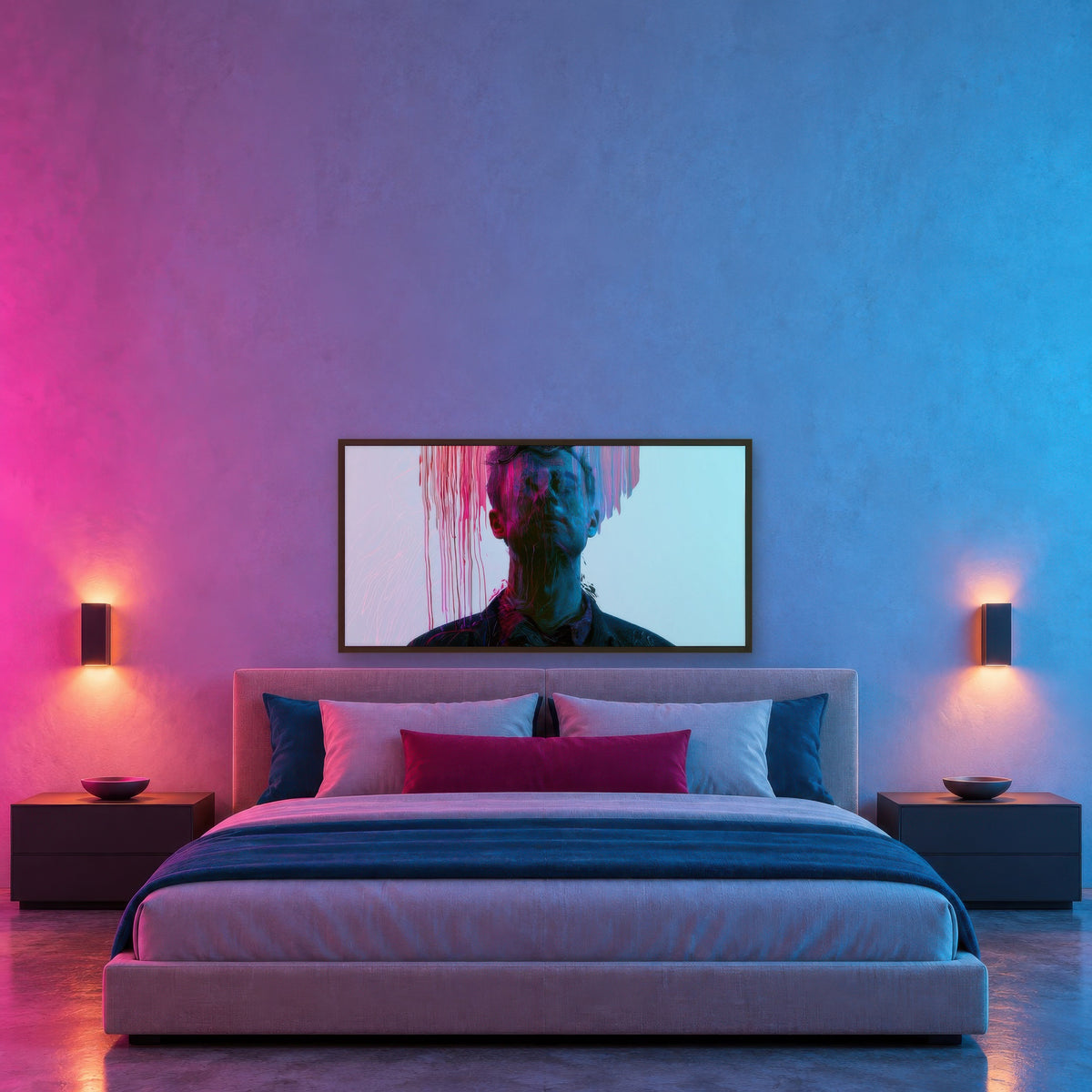 Color Drip Portrait in Pink and Blue abstract portrait wall art in a bedroom