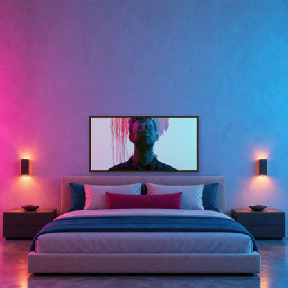 Color Drip Portrait in Pink and Blue abstract portrait wall art in a bedroom