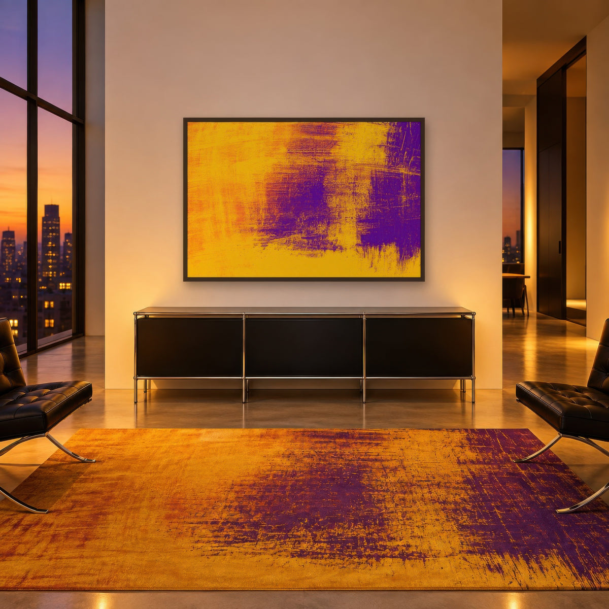 Gold and Purple Abstract wall art in an entryway