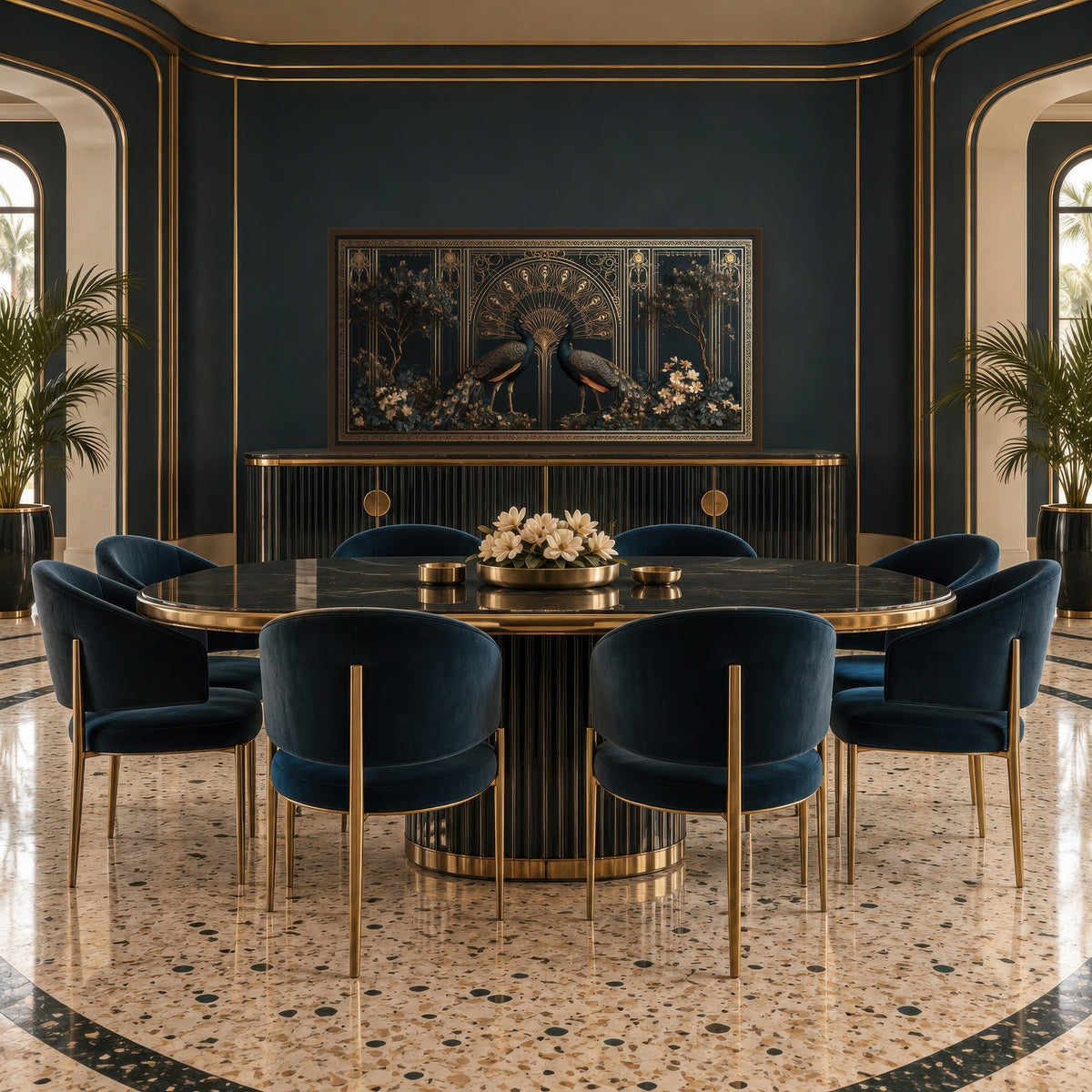Golden Peacock Motif art deco wall art in a dining room