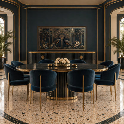 Golden Peacock Motif art deco wall art in a dining room