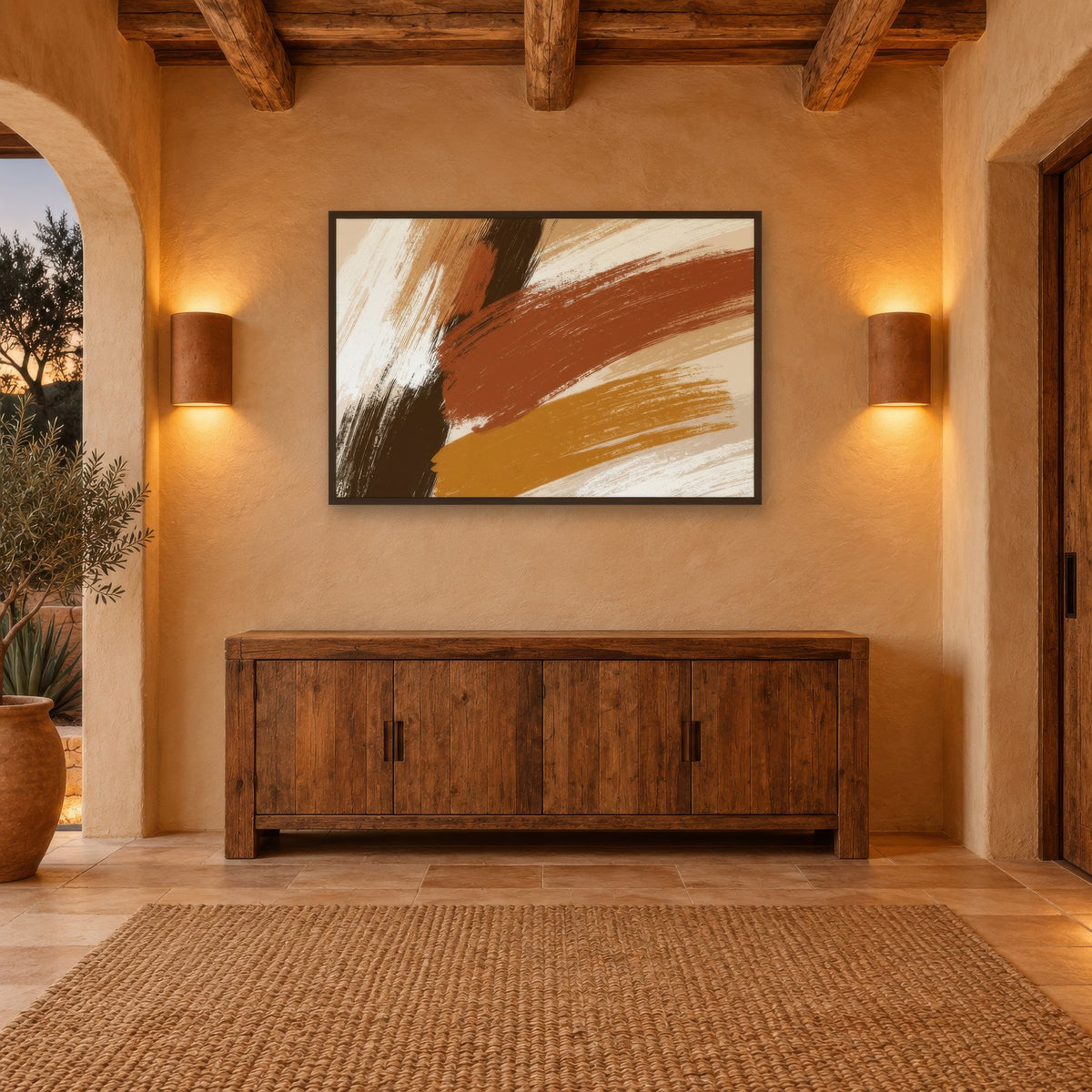 Bold Strokes in Rust and Gold boho wall art in an entryway