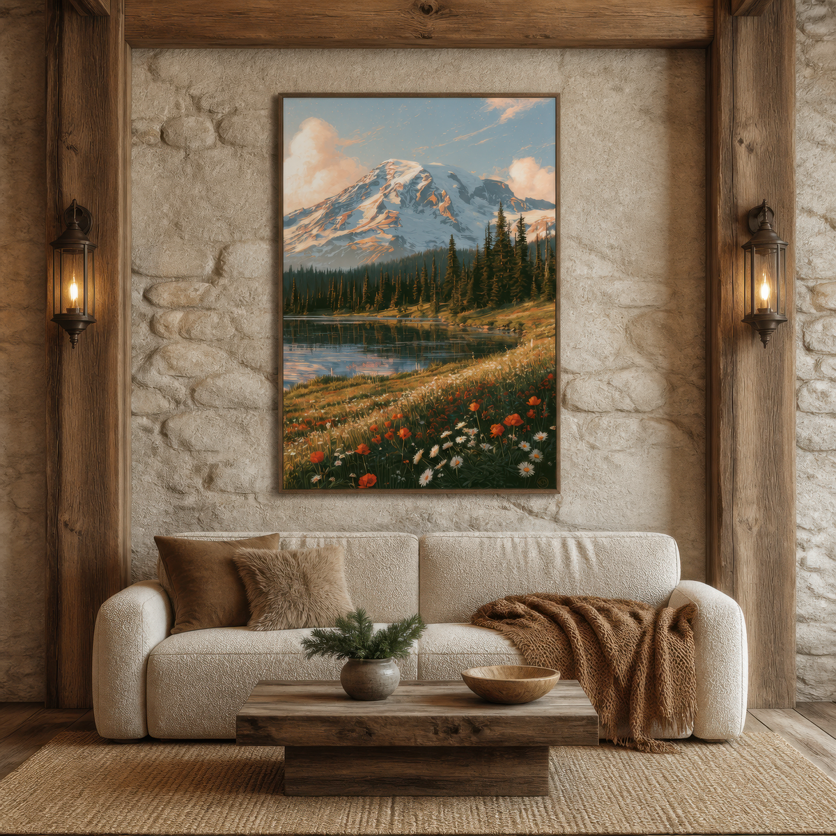 Snowy Peak Wildflower Meadow wall art print staged in a room